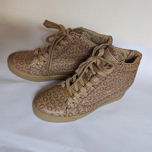 GUESS WGMYSTIFY-R high-top, wedge, tan shoes, size 9